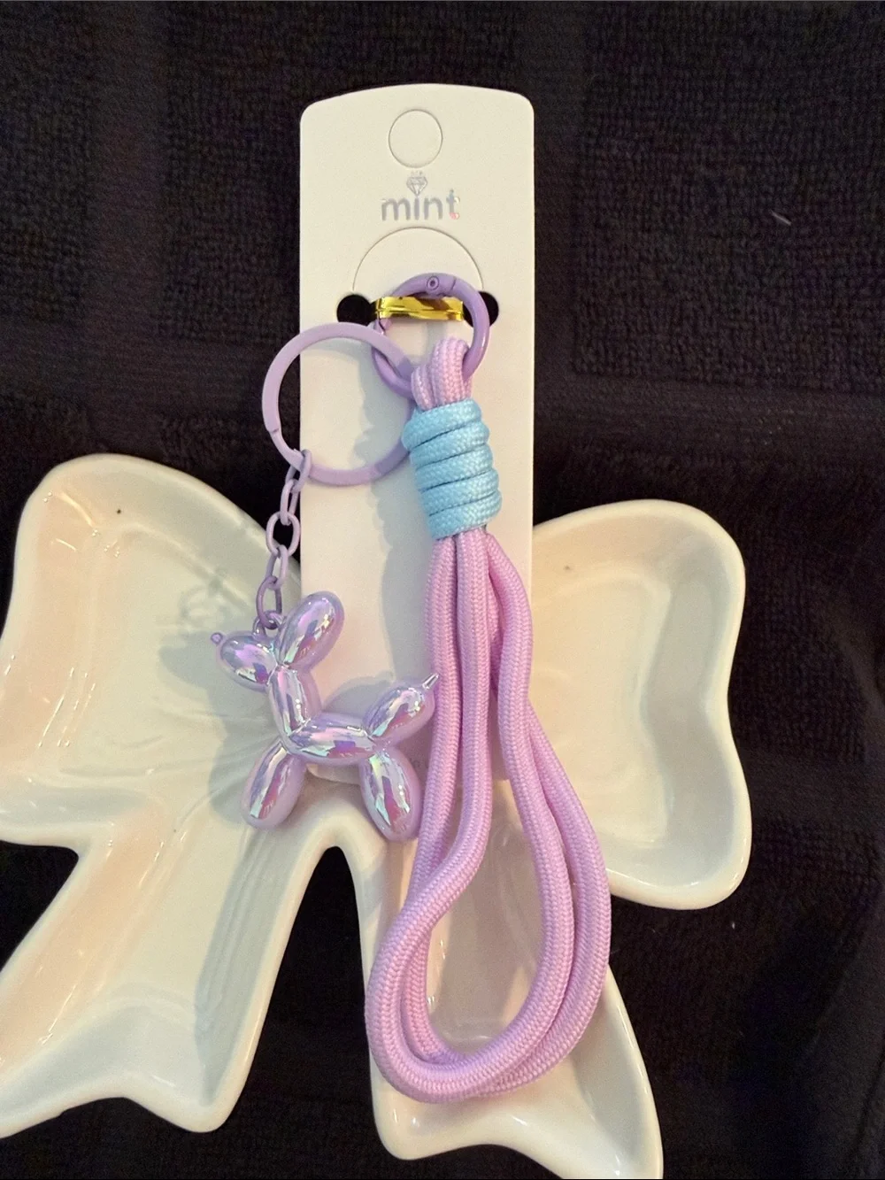 Mint Pastel Balloon Dog Keychain with Lavender Tassel & Light Blue Wrap